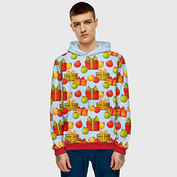 Толстовка-худи мужская Новогодний паттерн с подарками и ёлочными шариками, цвет: 3D-красный — фото 2