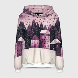 Толстовка-худи мужская Новогодние домики в лесу, цвет: 3D-белый