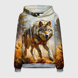 Толстовка-худи мужская Волк в осеннем лесу, цвет: 3D-меланж