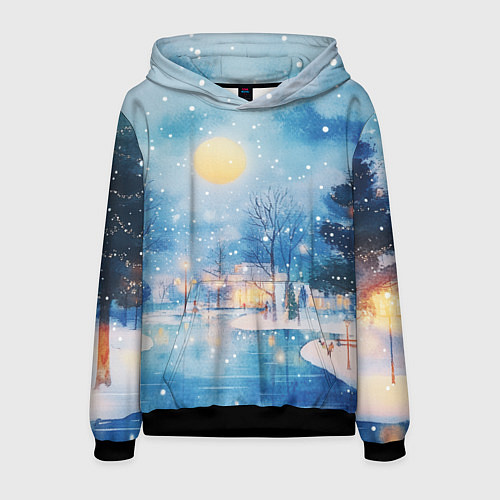 Мужская толстовка Новогодняя атмосфера - акварель / 3D-Черный – фото 1