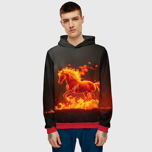 Мужская толстовка Огненная лошадь на темном фоне / 3D-Красный – фото 3
