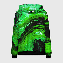 Толстовка-худи мужская Зелёные брызги на чёрном фоне, цвет: 3D-черный