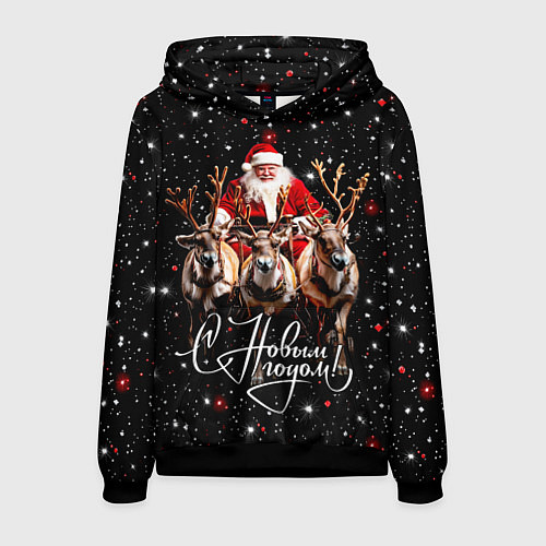 Мужская толстовка Санта Клаус на упряжке с оленями / 3D-Черный – фото 1