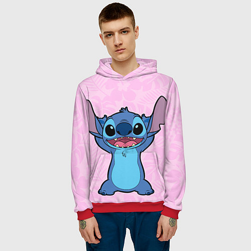 Мужская толстовка Stitch on a pink background / 3D-Красный – фото 3