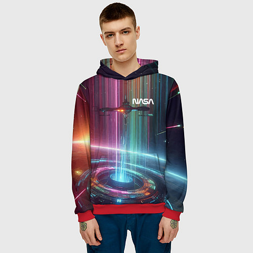 Мужская толстовка Spaceship in the neon cosmos - nasa / 3D-Красный – фото 3