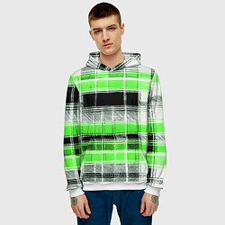 Толстовка-худи мужская Белые полосы на чёрно-зелёном фоне, цвет: 3D-белый — фото 2