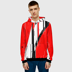 Толстовка-худи мужская Чёрно-белые вертикальные полосы на красном фоне, цвет: 3D-черный — фото 2