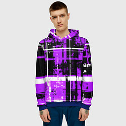 Толстовка-худи мужская Фиолетово-белый гранж на чёрном фоне, цвет: 3D-синий — фото 2