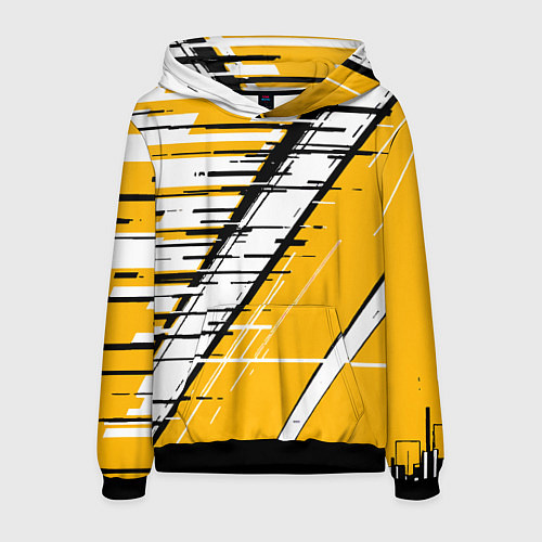 Мужская толстовка Чёрно-белые глитч полосы на жёлтом фоне / 3D-Черный – фото 1