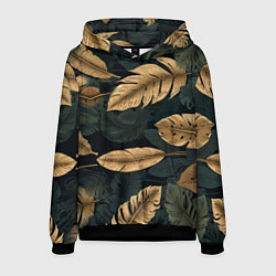 Толстовка-худи мужская Золотые листья монстеры и перья, цвет: 3D-черный
