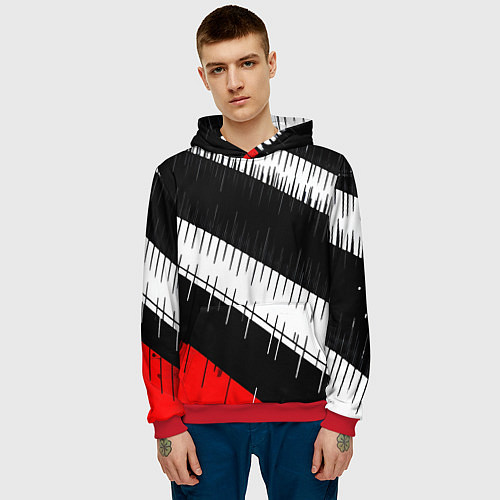 Мужская толстовка Диагональные чёрно-белые полосы на красном фоне / 3D-Красный – фото 3