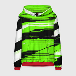 Толстовка-худи мужская Горизонтальные чёрно-белые линии на зелёном фоне, цвет: 3D-красный