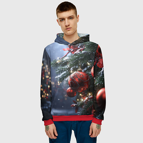 Мужская толстовка Красные новогодние шары с узорами / 3D-Красный – фото 3