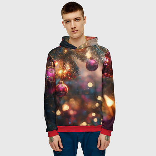 Мужская толстовка Фиолетовые новогодние шары / 3D-Красный – фото 3