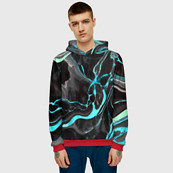 Толстовка-худи мужская Голубые флюиды на чёрном фоне, цвет: 3D-красный — фото 2
