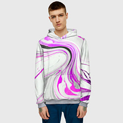 Толстовка-худи мужская Волнистые чёрно-фиолетовые линии на белом фоне, цвет: 3D-меланж — фото 2