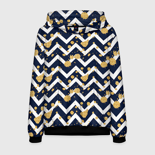 Мужская толстовка Золотые кляксы на фоне бело-синего паттерна / 3D-Черный – фото 1