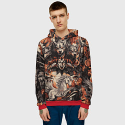 Толстовка-худи мужская Логотип король и шут на фоне мифических животных, цвет: 3D-красный — фото 2