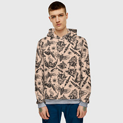 Толстовка-худи мужская Татуировка с цикадой и демоном Они - паттерн, цвет: 3D-меланж — фото 2