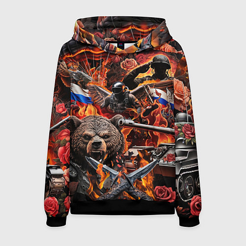 Мужская толстовка Русский медведь воин на фоне военной техники / 3D-Черный – фото 1