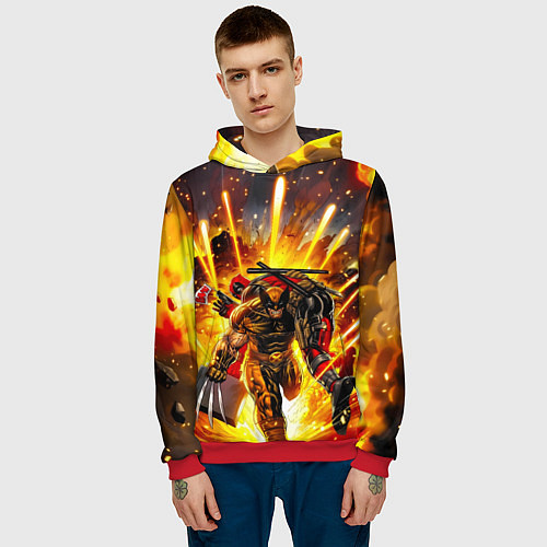 Мужская толстовка Дэдпул и Росомаха при взрыве / 3D-Красный – фото 3