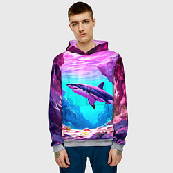 Толстовка-худи мужская Акула в розовом сиянии, цвет: 3D-меланж — фото 2