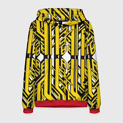 Толстовка-худи мужская Чёрно-жёлтые техно полосы на белом фоне, цвет: 3D-красный
