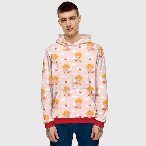 Мужская толстовка Паттерн с милыми купидонами и крылатыми сердечками / 3D-Красный – фото 3