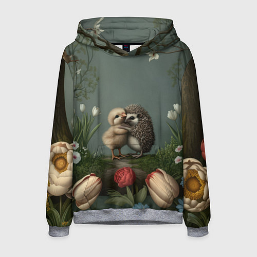 Мужская толстовка Ежик и цыпленок обнимаются / 3D-Меланж – фото 1