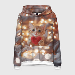 Толстовка-худи мужская Кошечка держит в лапках сердечко, цвет: 3D-белый