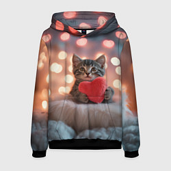 Толстовка-худи мужская Котенок поздравляет с днем святого Валентина, цвет: 3D-черный