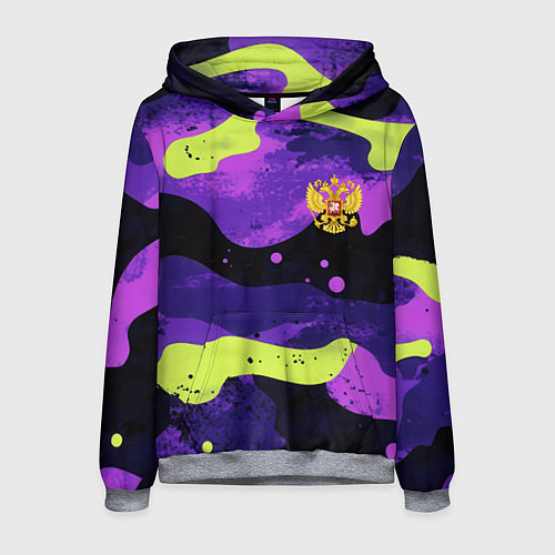 Мужская толстовка Черно-фиолетовый камуфляж и золотой герб РФ / 3D-Меланж – фото 1