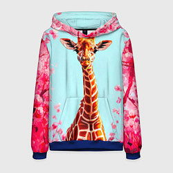 Толстовка-худи мужская Жираф в розовых кустах, цвет: 3D-синий