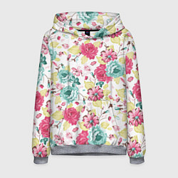 Толстовка-худи мужская Розы красные и бирюзовые, цвет: 3D-меланж