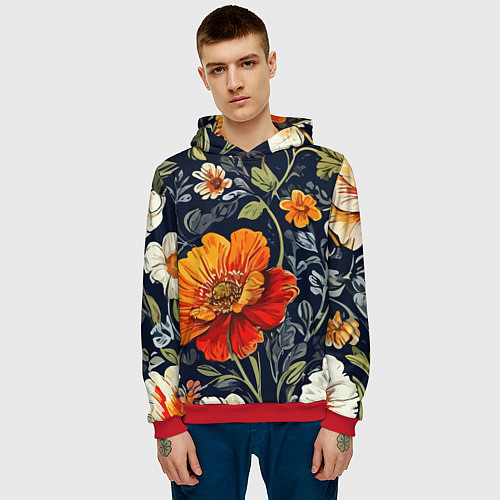 Мужская толстовка Маки и пионы старинный паттерн / 3D-Красный – фото 3