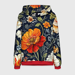 Толстовка-худи мужская Маки и пионы старинный паттерн, цвет: 3D-красный