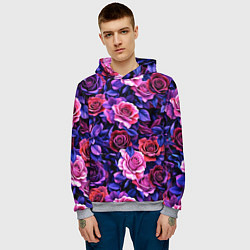 Толстовка-худи мужская Разноцветные цветы - синие розы паттерн, цвет: 3D-меланж — фото 2