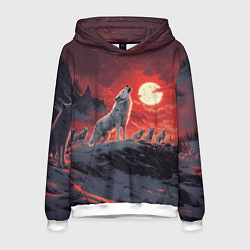 Толстовка-худи мужская Волк воет на красную луну, цвет: 3D-белый