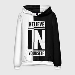 Толстовка-худи мужская Верь в себя надпись черно белая, цвет: 3D-белый