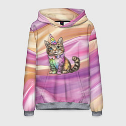 Толстовка-худи мужская Котенок в костюме единорога, цвет: 3D-меланж