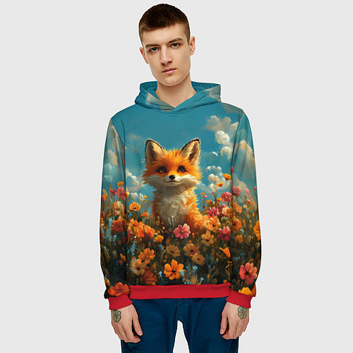 Мужская толстовка Лисица в цветочном поле / 3D-Красный – фото 3