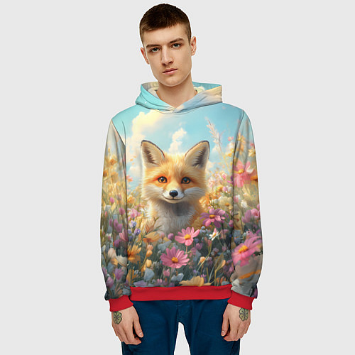 Мужская толстовка Лиса в цветочном поле / 3D-Красный – фото 3