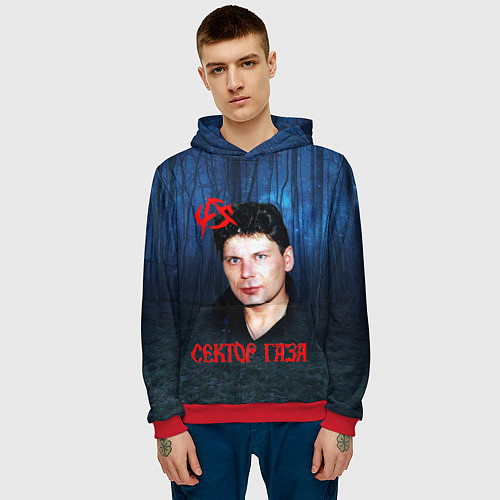Мужская толстовка Юрий Хой синий фон леса / 3D-Красный – фото 3