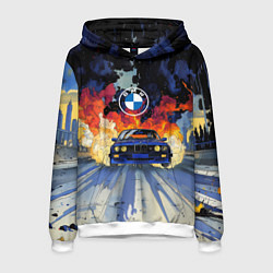 Толстовка-худи мужская Синяя БМВ за огнем, цвет: 3D-белый