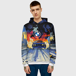 Толстовка-худи мужская Синяя БМВ за огнем, цвет: 3D-белый — фото 2