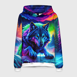 Толстовка-худи мужская Большой волк одинокий охотник - неоновые цвета, цвет: 3D-белый