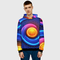 Толстовка-худи мужская Оранжевый круг и голубые линии текстура, цвет: 3D-черный — фото 2