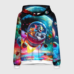 Толстовка-худи мужская Том и Джерри летят в ракете - нейроарт, цвет: 3D-белый