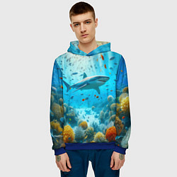 Толстовка-худи мужская Белая акула в коралловом рифе, цвет: 3D-синий — фото 2