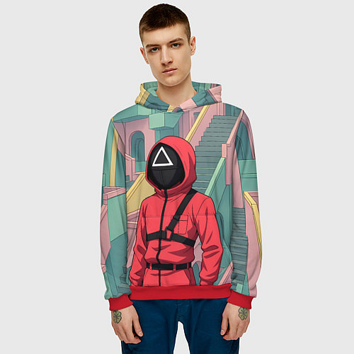 Мужская толстовка Игра в кальмара - страж в аниме стиле / 3D-Красный – фото 3